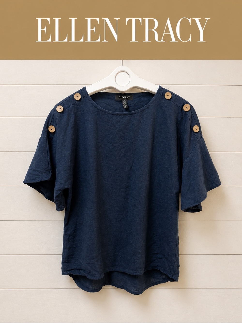 ELLEN TRACY – Navy Linen-Blend Button Shoulder Top (Size S)